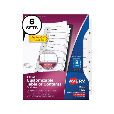 Avery Pre-Printed 8-Tab Numeric Dividers Customizable 11822 1 Avery Pre-Printed 8-Tab Numeric Dividers Customizable 11822