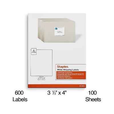 Staples Laser/Inkjet Shipping Labels 3 1/3" X 4" White 6 Labels/Sheet 479876 2 Staples Laser/Inkjet Shipping Labels 3 1/3" X 4" White 6 Labels/Sheet 479876 - Image 2