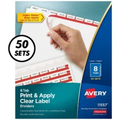 Avery Print & Apply Clear Label Dividers W/White Tabs 8-Tab Letter 50 Sets 11557
