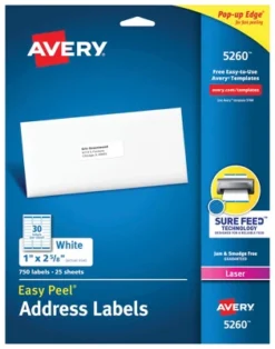 Avery Easy Peel Address Labels, Laser, 1 X 2-5/8 Inches, Pack Of 750