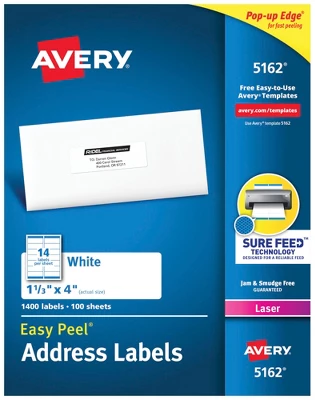 Avery Easy Peel Address Labels, Laser, 1-1/3 X 4 Inches, Pack Of 1400 1 Avery Easy Peel Address Labels, Laser, 1-1/3 X 4 Inches, Pack Of 1400