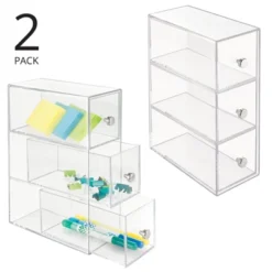 MDesign Plastic Stackable Desktop Storage For Office, 3 Drawers, 2 Pack - Clear