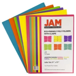 JAM 6pk POP 2 Pocket School Presentation Plastic Folders With Prong Fasteners Fashion Colors