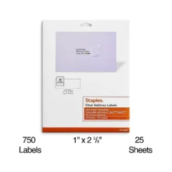 Staples Laser/Inkjet Address Labels 1" X 2 5/8" Clear 30 Labels/Sheet 575748