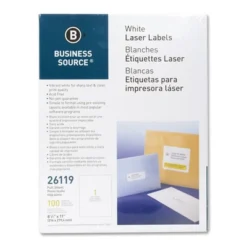 Business Source Mailing Labels Full Sheet Laser 8-1/2"x11" 100/PK White 26119